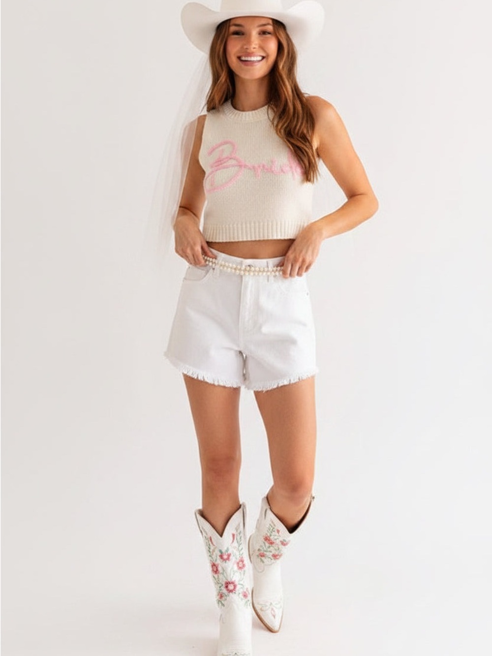 Le Lis Cream Knit Crop Tank with Pink Bride Script - Picture 1 of 5